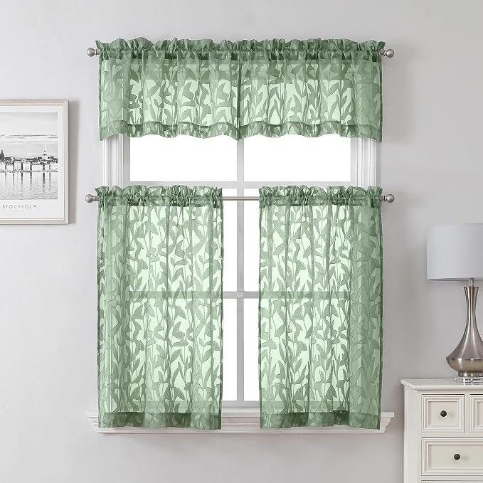 Lecloud Leia Sage Green Sheer Kitchen Curtains 30 Inch Length 2 Pcs, Jacquard - Image 8