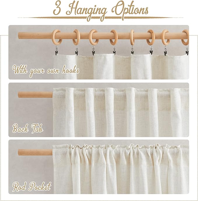 NICETOWN Linen Curtains for Bedroom 95 inch Long, Rod Pocket & Back Tab Flax - Image 2