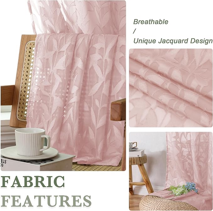 Lecloud Leia Jacquard Textured Blush Sheer Kitchen Curtains 36 Inch Length 2 - Image 3