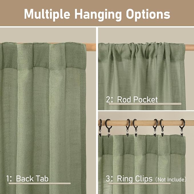 LAMIT Sage Green Linen Boho Curtains, 84 inch Length, 2 Panels, Light Filtering - Image 2