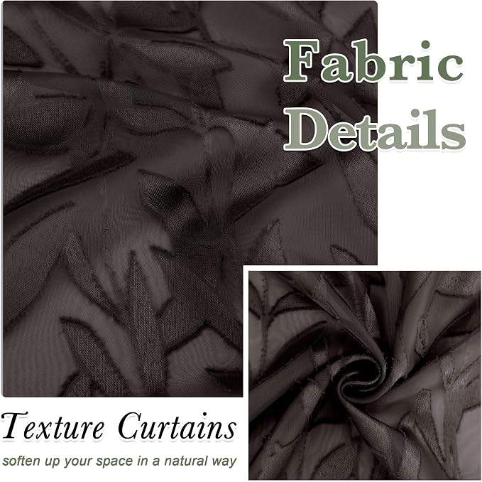 Lecloud Leia Clip Textured Leaf Chocolate Brown Sheer Curtain 63 Inch Length 2 - Image 9