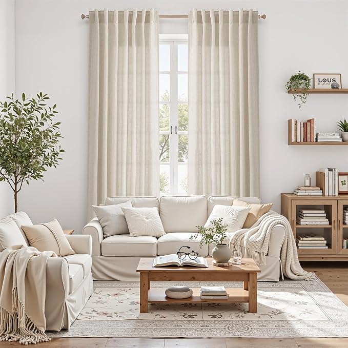 Boho Linen 112 Inch Curtains for Living Room Light Filtering Semi Sheer Curtain - Image 6