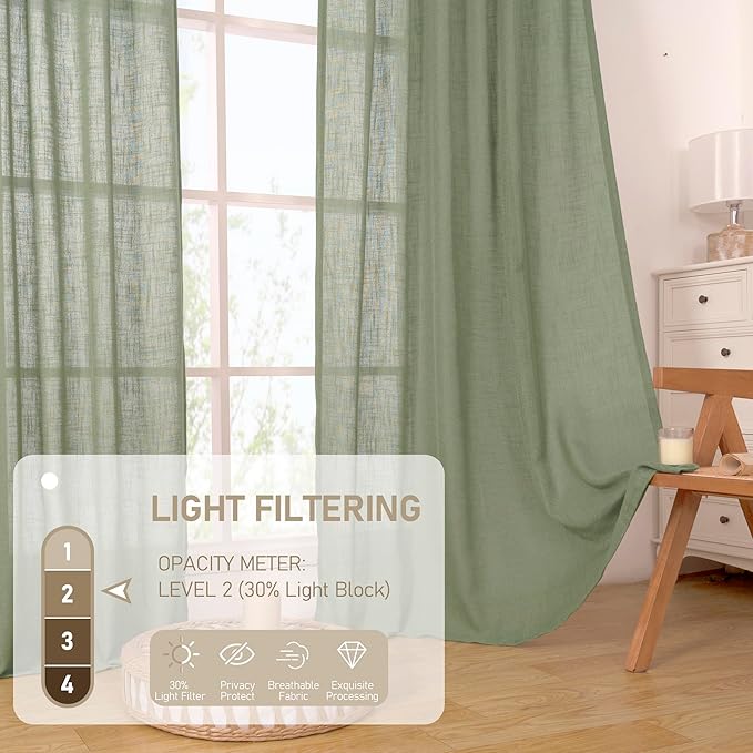 LAMIT Sage Green Linen Boho Curtains 80 inch Length 2 Panels, Light Filtering - Image 4
