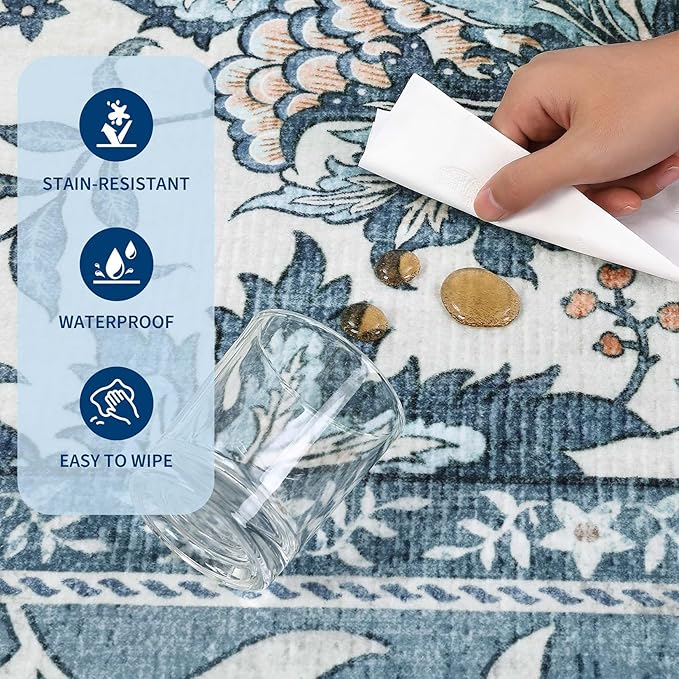 GarveeHome Provence Misty Blue 3x5 Rug Washable Non-Slip Low-Pile Indoor Rugs - Image 7