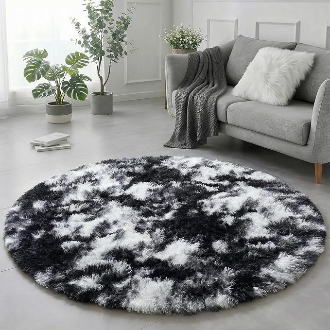 Amdrebio Black White Grey Round Rug 4Ft Circle Area Rugs by Amdrebio