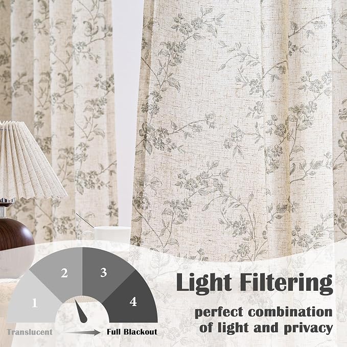 Lazzzy Grey Floral Linen Curtains 84 Inch Farmhouse Back Tab Drapes - Image 2