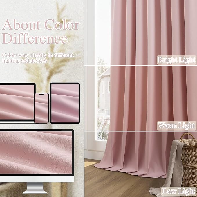 Guken Pink 100% Blackout Linen Curtains 102 Inch 2 Panels Set - Image 7