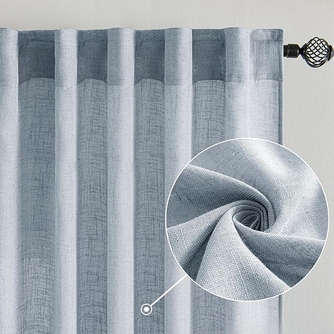 MIULEE Chambray Blue Linen Curtains 90 Inch Long 2 Panels - Image 2