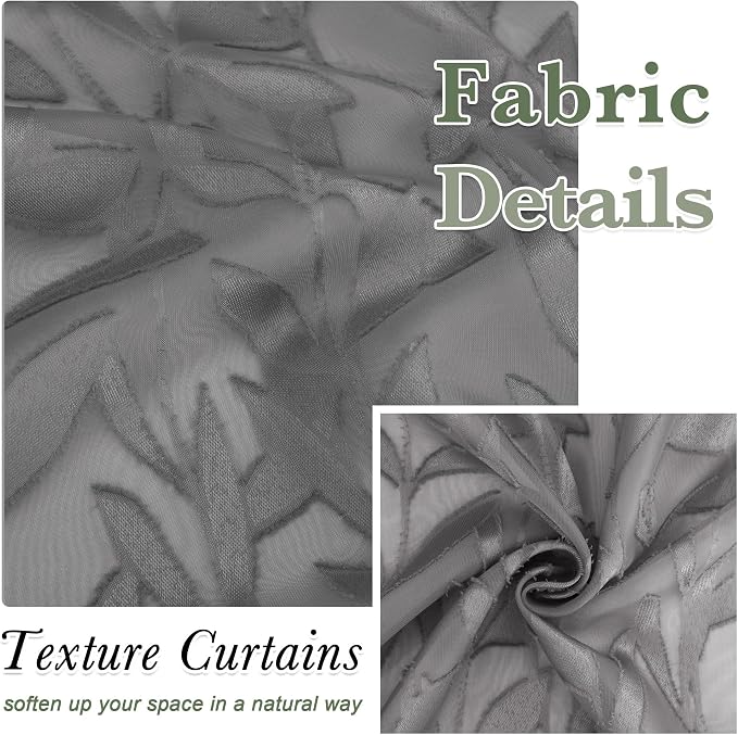 Lecloud Leia Charcoal Grey Sheer Curtains 84 Inches Long 2 Panels, Airy Leaf - Image 3
