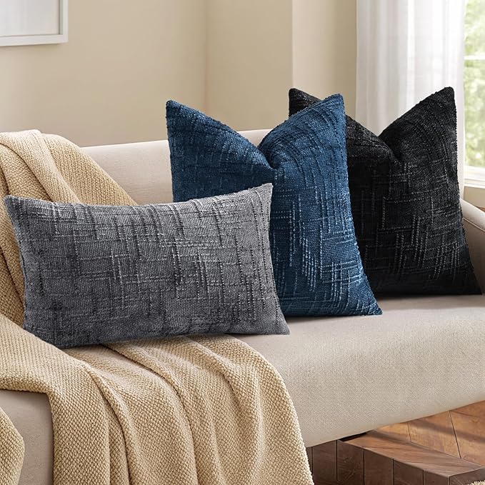 decorUhome Black Chenille Euro Sham Throw Pillow Covers 24x24 Set of 2 Textured - Image 5
