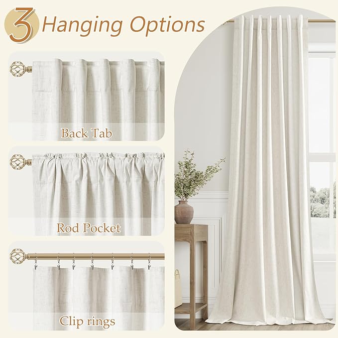 Cream 100% Blackout Linen Curtains 63 Inch Length 2 Panels Set - Image 6