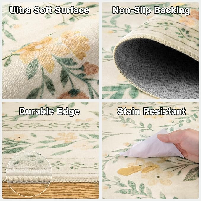 Entryway Rug 2X3 Small Rugs: Floral Washable Door Mat Vintage Soft Low Pile - Image 7