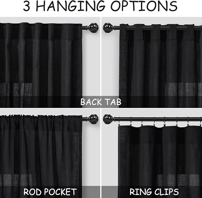 Nanspring Short Linen Kitchen Curtains 36 Inch Length, Over Sink Black Privacy - Image 2