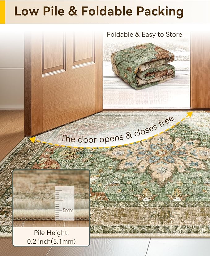 Area Rugs 4'x5' Washable Non-Slip, Floral Vintage Distress Print Pattern - Image 3