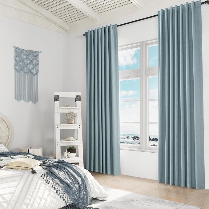 Guken Blue 100% Blackout Linen Curtains 100 Inch Length 2 Panels Set - Image 8
