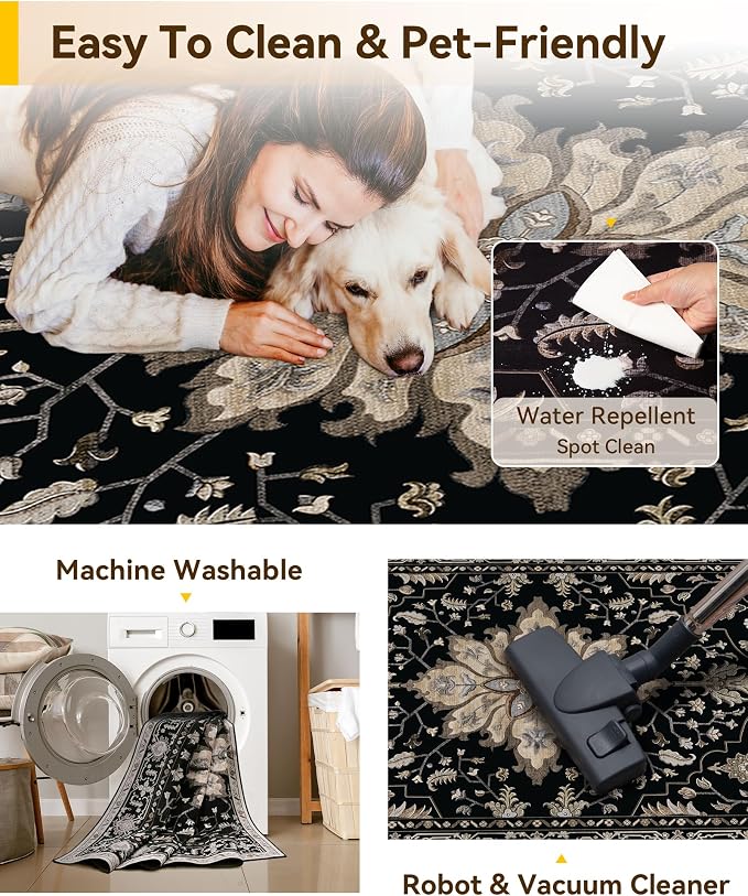 Area Rugs 10'x14' Washable Non-Slip, Floral Vintage Distress Print Pattern - Image 5