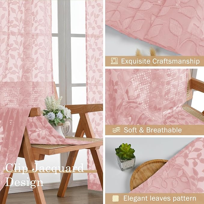 Chyhomenyc Blush Pink Sheer Curtains 30 Inch Length, Light Filtering Leaf - Image 7