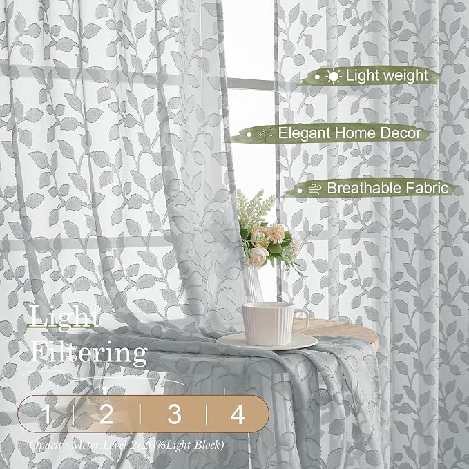 Chyhomenyc Light Grey Sheer Curtains 72 Inches Long 2 Panels Set, Light - Image 2