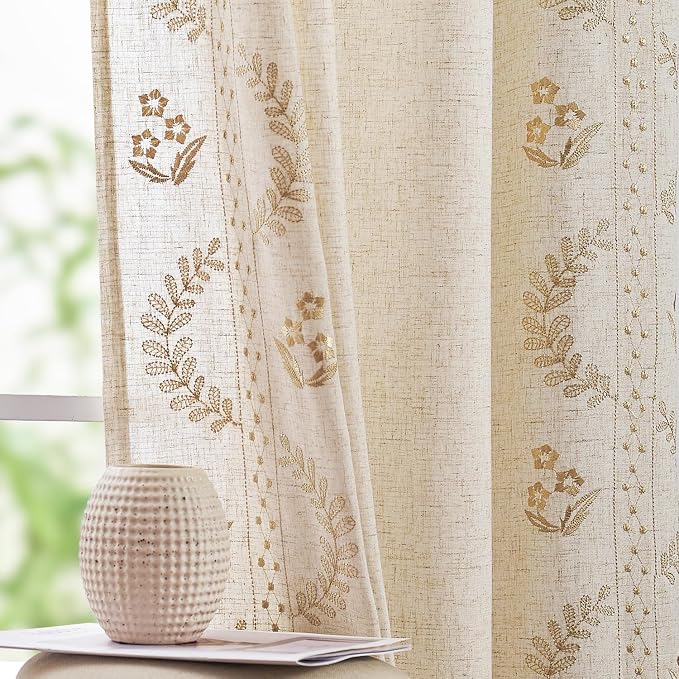 jinchan Belrose Linen Curtains for Bedroom Floral Curtains 90 Inch Length Linen by JINCHAN