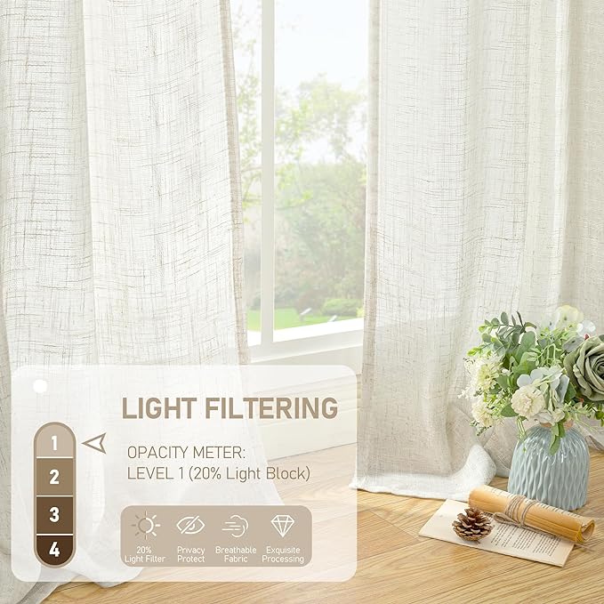 LAMIT Semi Sheer Linen Window Curtains 63 Inch Length, Light Filtering Neutral - Image 4