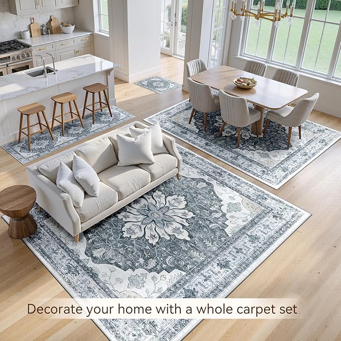 Area Rugs 9'x12' Washable Non-Slip, Floral Vintage Distress Print Pattern - Image 4