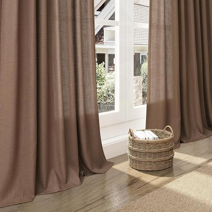 Caramel Brown Linen Curtains for Living Room 98 Inches Long Back Tab and Rod - Image 5