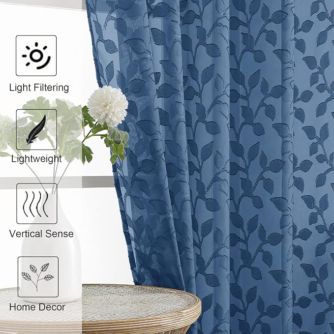 Chyhomenyc Dusty Blue Sheer Curtains 24 Inch Length, Light Filtering Leaf - Image 3