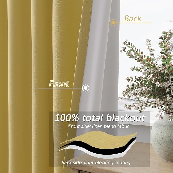 Guken Yellow 100% Blackout Linen Curtains 90 Inch Length 2 Panels Set - Image 3