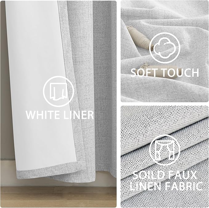 Yakamok White Linen Curtains 100% Blackout 72 Inches Long, Room Darkening - Image 6