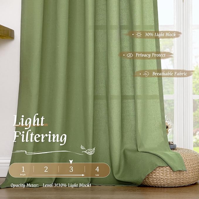 LAMIT Green Linen Curtains for Bedroom, Faux Linen Textured Light Filtering - Image 4