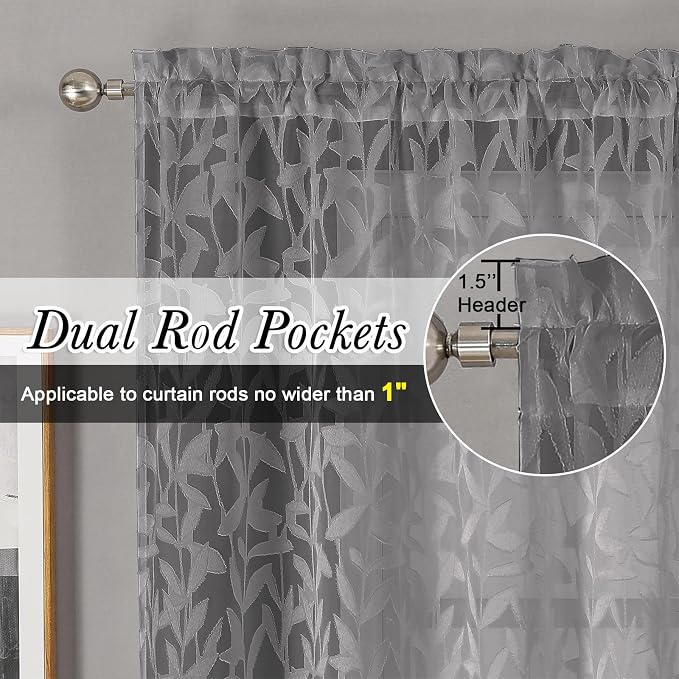 Lecloud Leia Jacquard Leaf Charcoal Grey Sheer Curtains - Image 2
