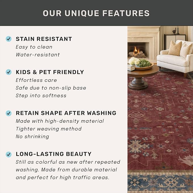 Burgundy 2x3 Washable Rugs for Entryway Indoor, Boho Kitchen Rug for Floor - Image 7