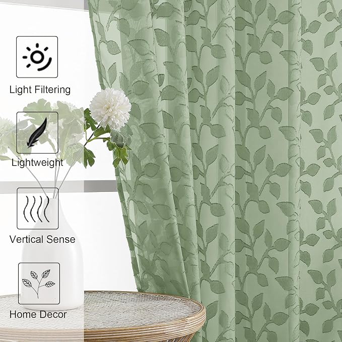 Chyhomenyc Sage Green Sheer Curtains 90 Inch Length 2 Panels Set, Light - Image 6