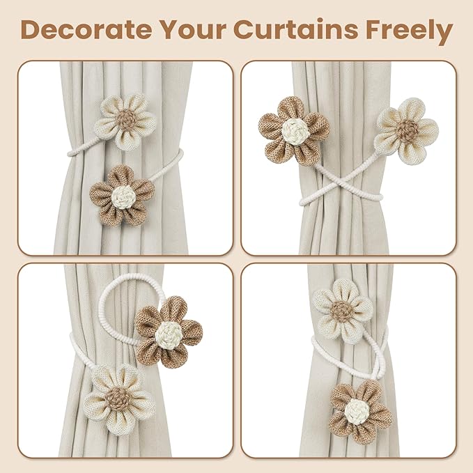 KLOGTSIND Flower Curtain Tiebacks, 4 Pack Boho Curtain Ties Elegant DIY Curtain - Image 4