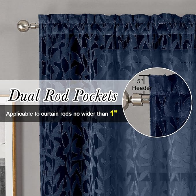 Lecloud Leia 2 Panels Navy Blue Sheer Curtains 84 Inches Long, Light Filtering - Image 2