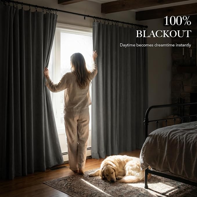 RYB HOME 100% Blackout Linen Textured Curtains 84 inches Long, Thermal - Image 3
