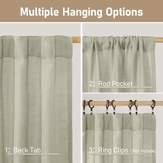LAMIT Sage Grey Sheer Linen Curtains 63 Inch - Image 3