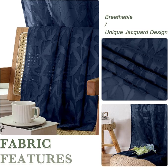 Lecloud Leia Navy Blue Sheer Curtains 84 Inches Long 2 Panels, Airy Leaf - Image 8