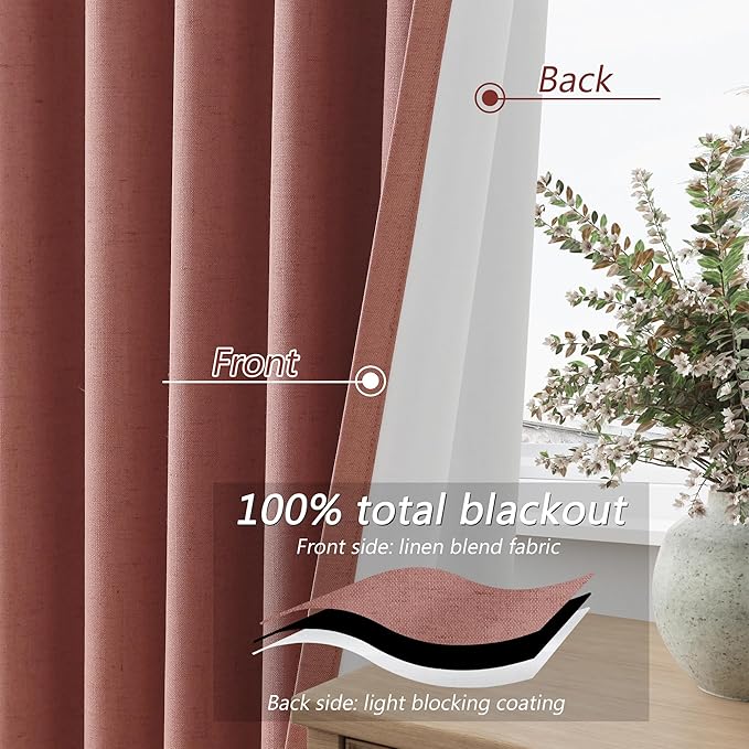 Dusty Rose 100% Blackout Linen Curtains 72 Inch Length 2 Panels Set - Image 4