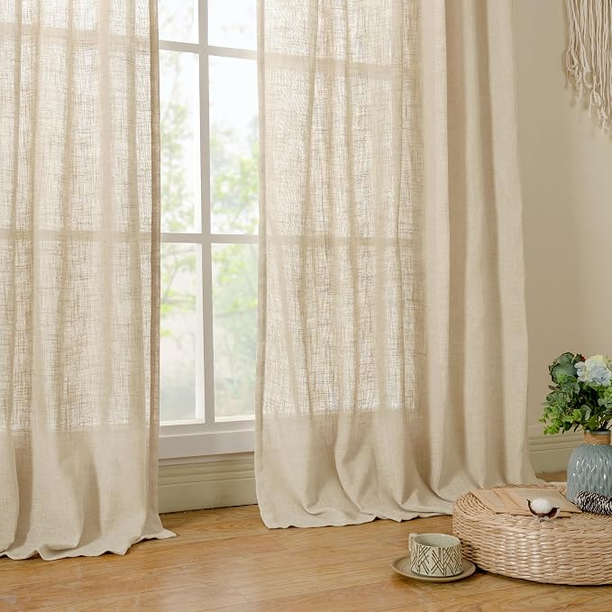 LAMIT Linen Curtains 63 Inch for Bedroom, Light Filtering Neutral Semi Sheer - Image 8