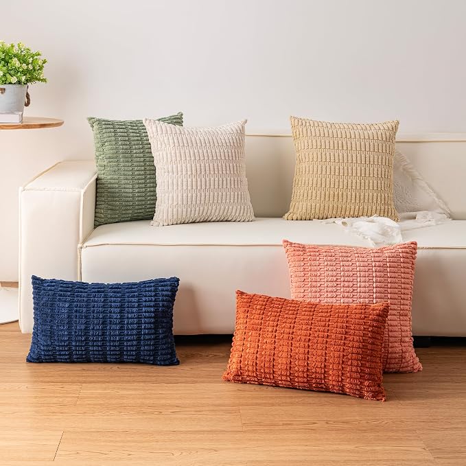 Pack of 2 Corduroy Decorative Throw Pillow Covers 20x20 InchSoft Boho Striped - Image 4