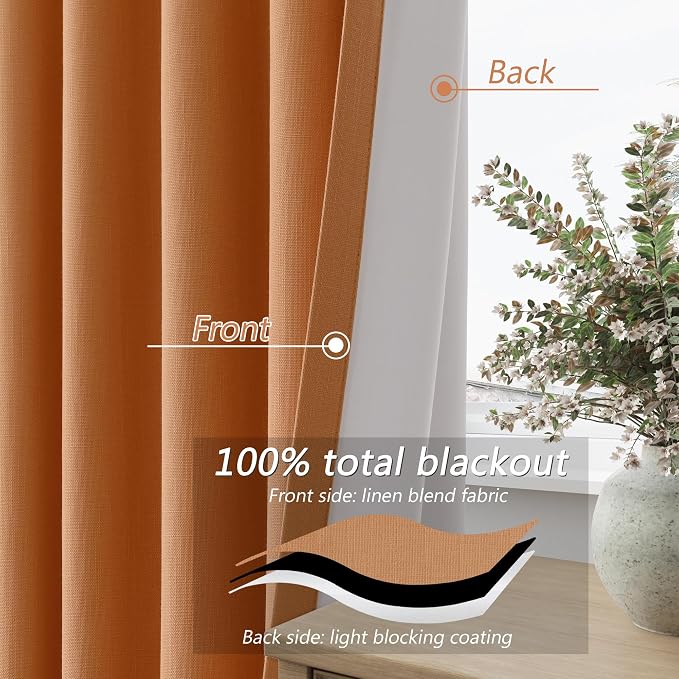 Guken Orange 100% Blackout Linen Curtains 120 Inch Length 2 Panels Set - Image 3
