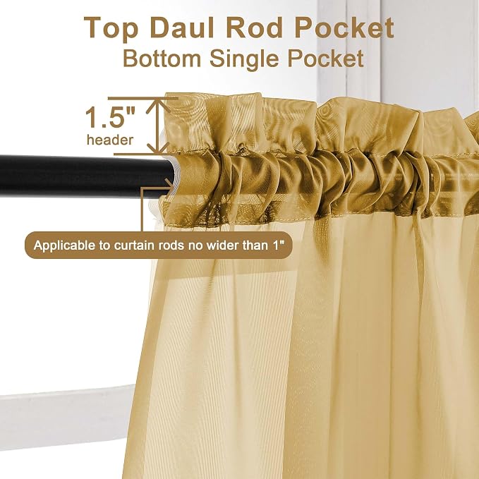 Chyhomenyc Extra Long Gold Sheer Curtains 108 Inches Long 2 Panels, Light - Image 5