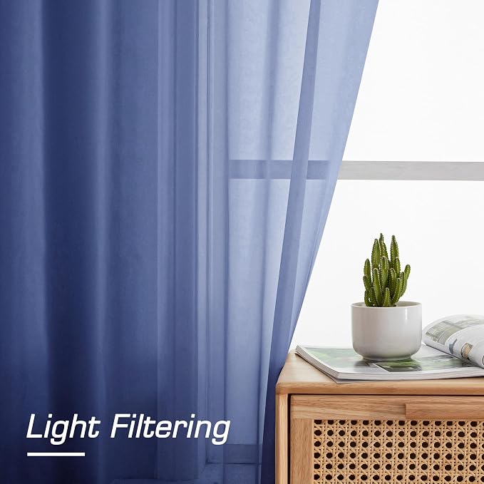 OWENIE Sheer Curtains 54 Inch Length 2 Panels Set, Royal Blue Clear Sheer Short - Image 2