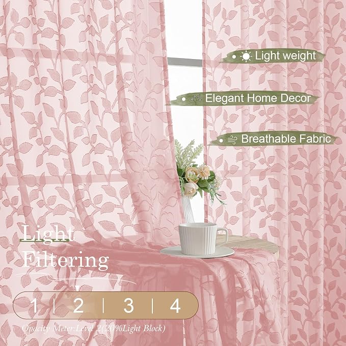 Chyhomenyc Blush Pink Sheer Curtains 30 Inch Length, Light Filtering Leaf - Image 2