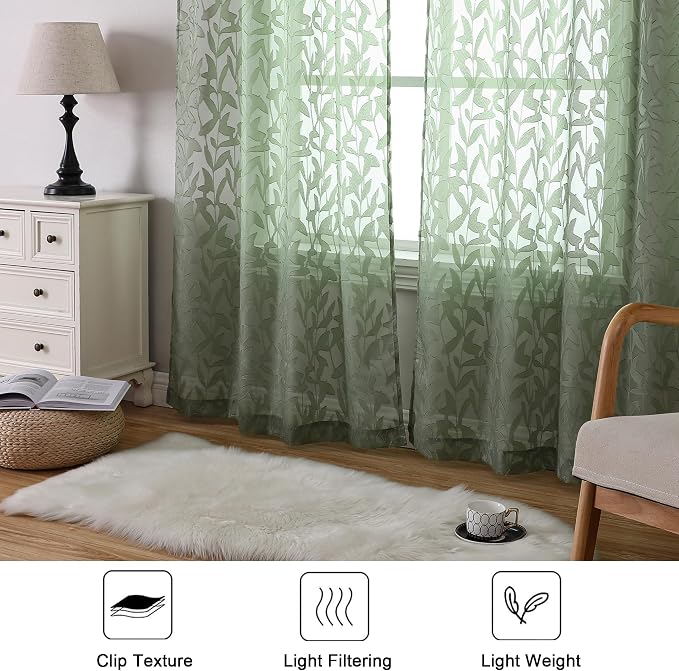 Lecloud Leia Sage Green Sheer Curtains 90 Inch Length 2 Pieces, Breathable - Image 7