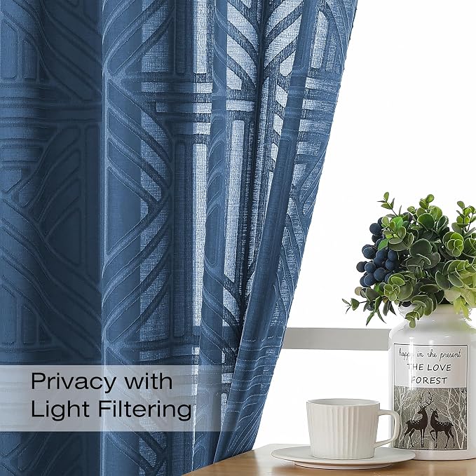 Simplebrand Dusty Blue Semi Sheer Curtains 54 Inch Length 2 Panels, Geometric - Image 2