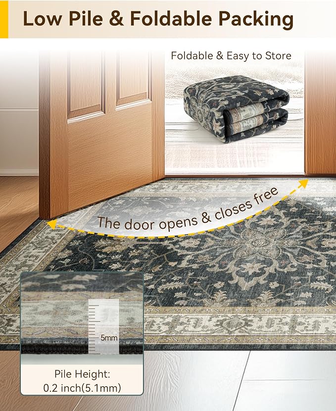 Area Rugs 5'x7' Washable Non-Slip, Floral Vintage Distress Print Pattern - Image 6