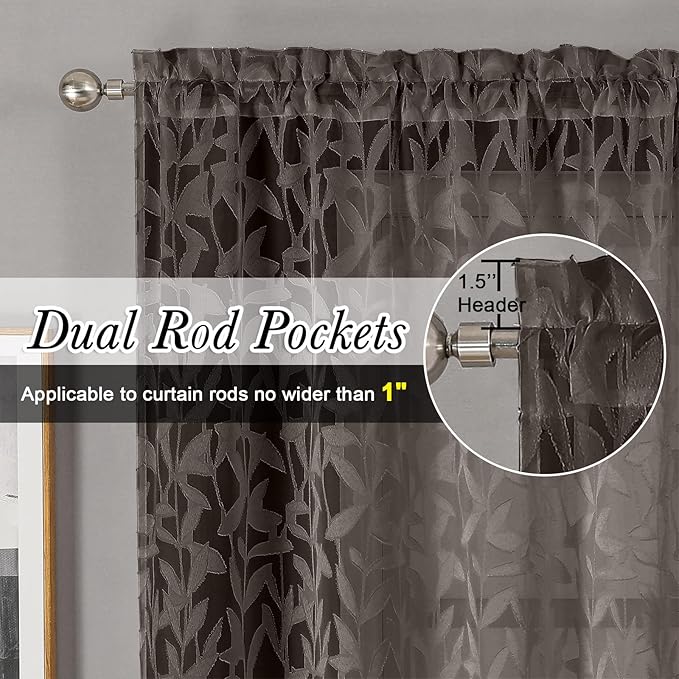 Lecloud Leia Clip Textured Leaf Chocolate Brown Sheer Curtain 63 Inch Length 2 - Image 2