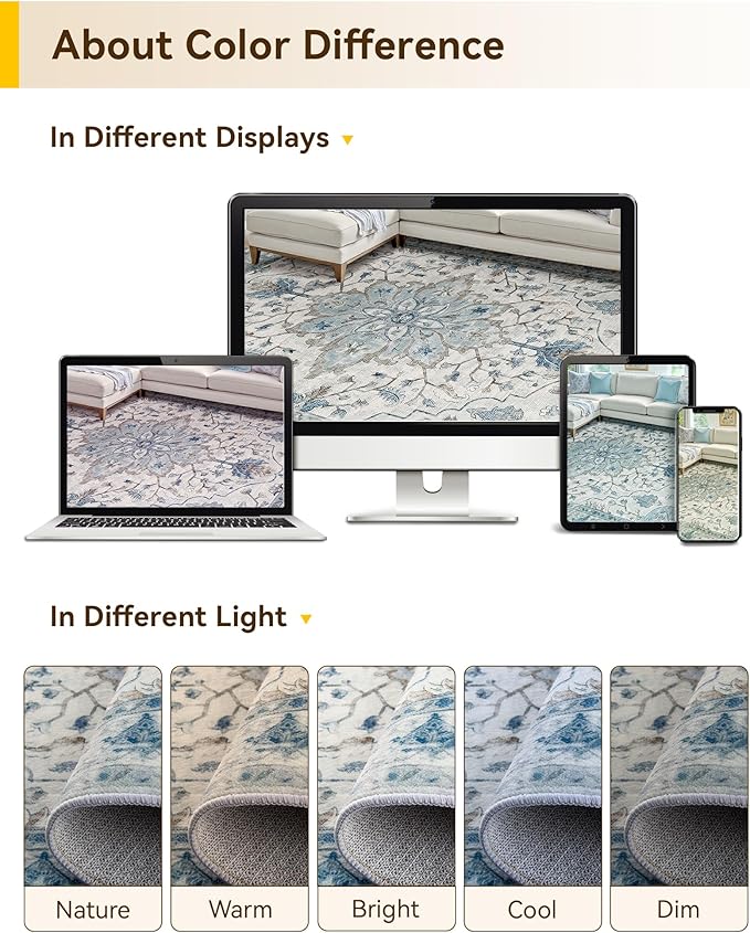 Area Rugs 6'x9' Washable Non-Slip, Floral Vintage Distress Print Pattern - Image 6